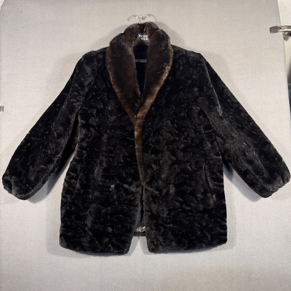 Borgazia Faux Fur Coat Womens 14 Black Borg Textiles Vintage Shawl Collar Jacket